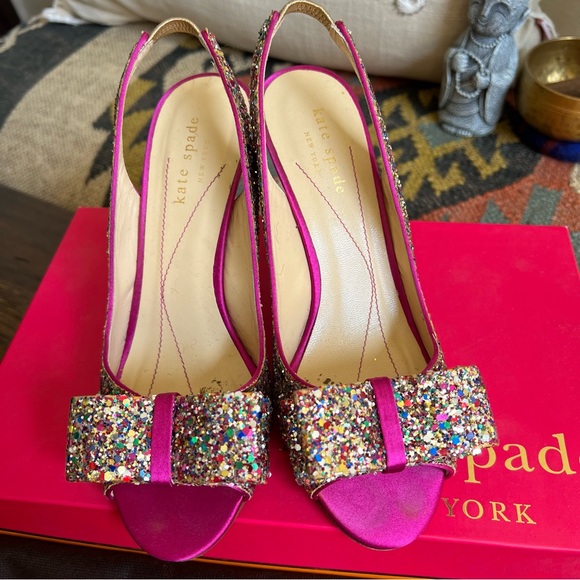 Kate Spade Charm Glitter/Sparkle Hot Pink Slingback Heels Box & Dust Bag US6 - Picture 5 of 16